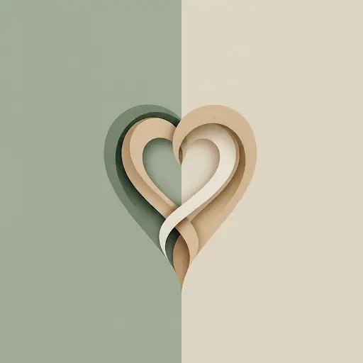 Symbolic interlocking hearts in soft sage and beige tones